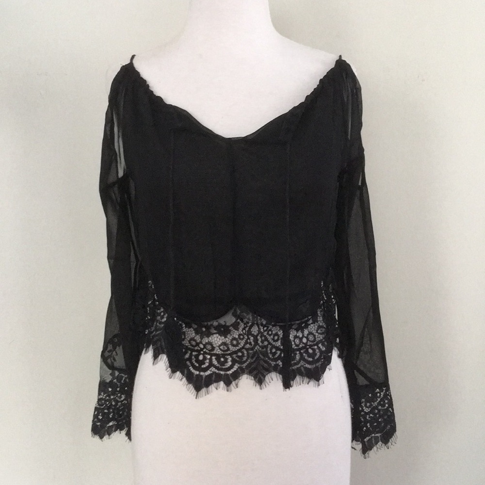 Shear Chiffon Black Lace Crop Top M - Picture 3 of 4